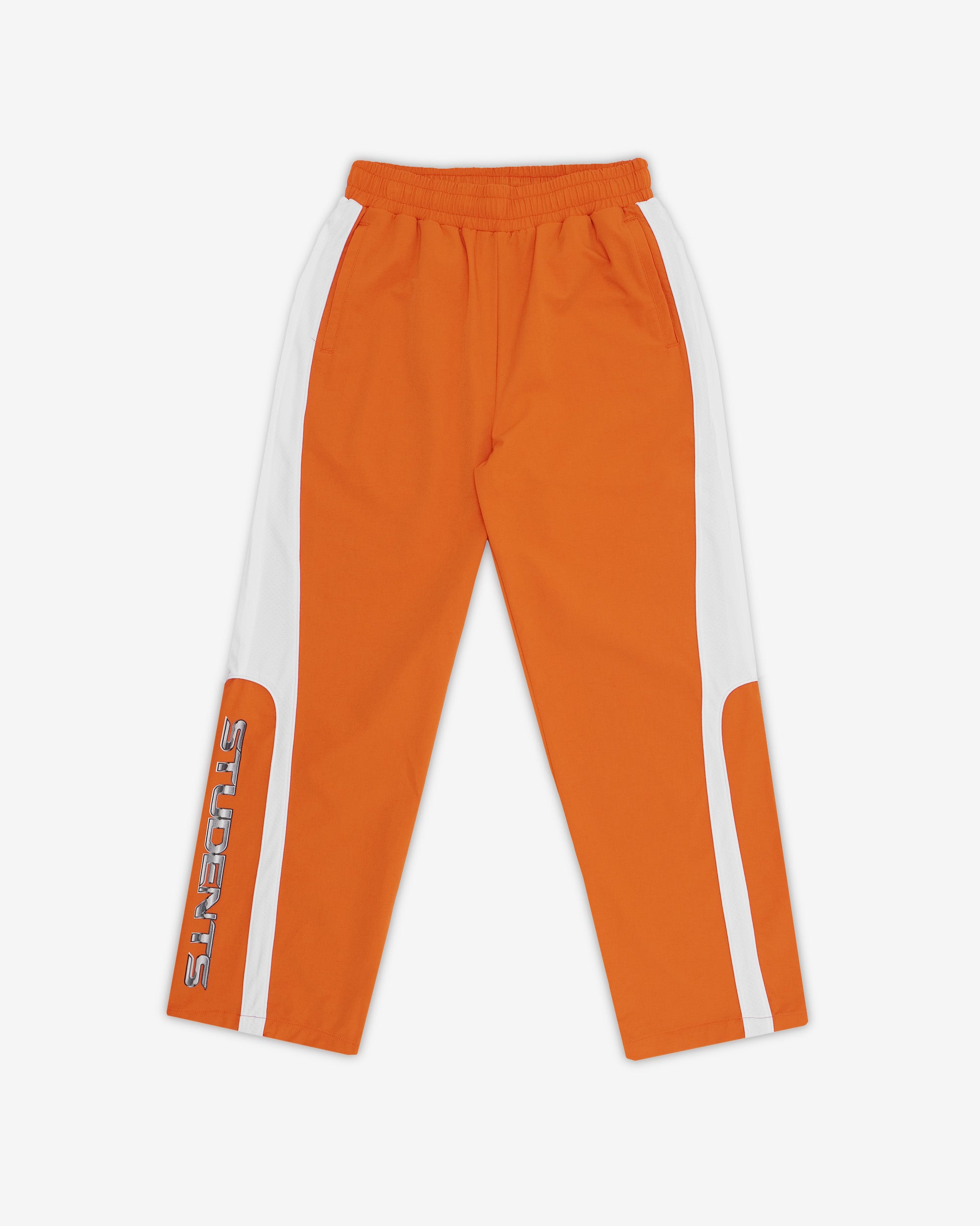 Orange pants with white side stripes on a white background