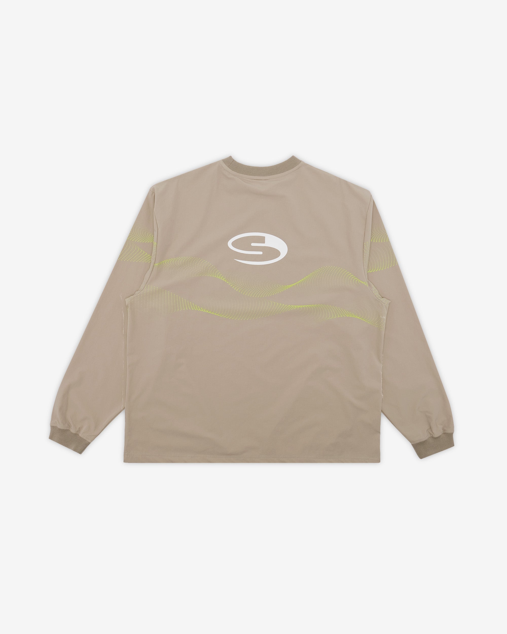 Beige long-sleeve shirt with a logo on the chest against a white background