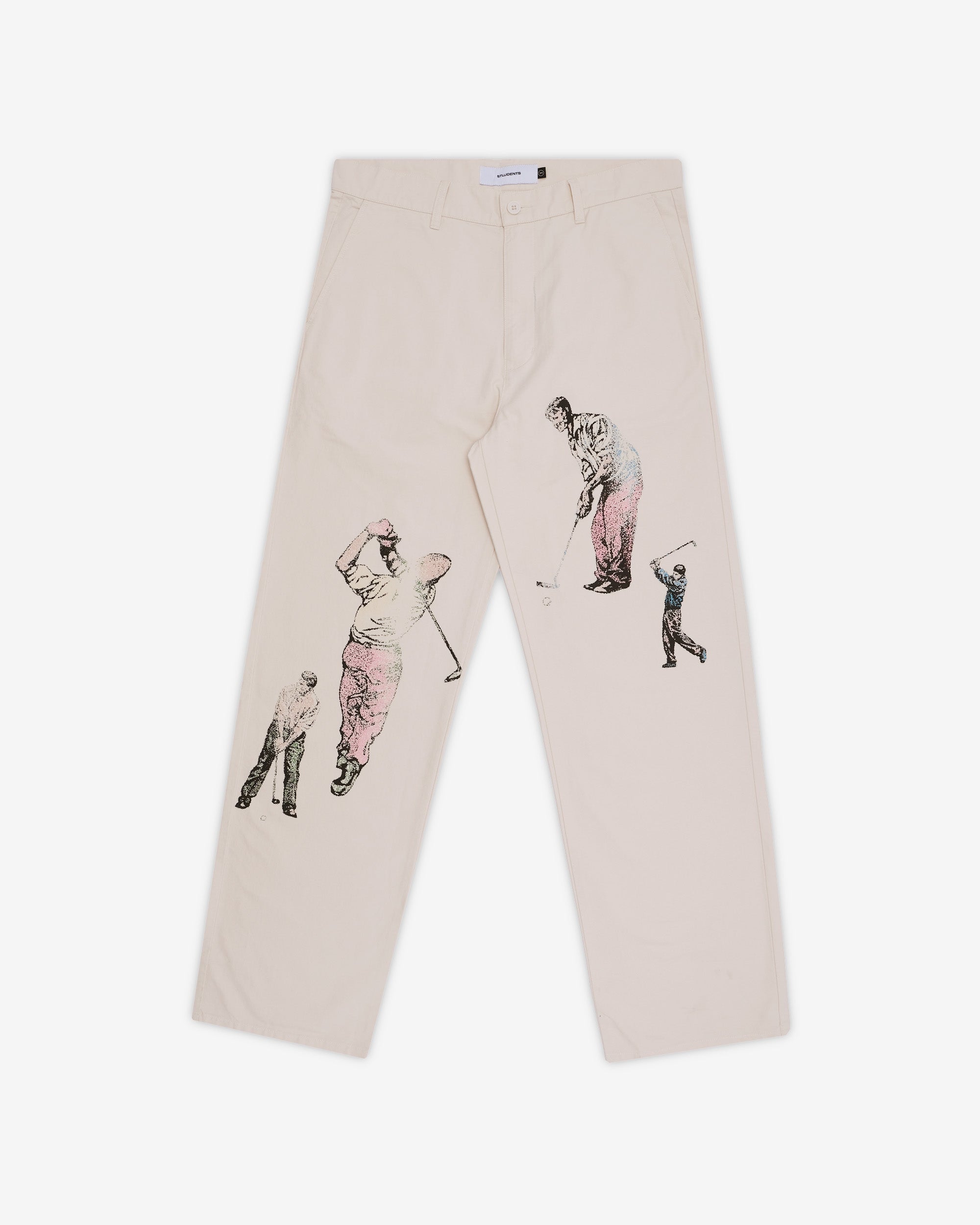 Beige pants with golf-themed illustrations on a white background