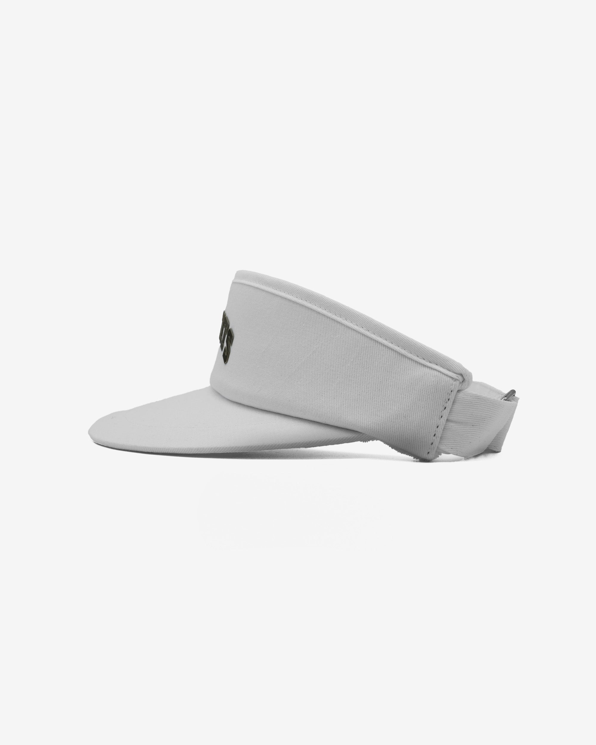 White visor with a small logo on a white background