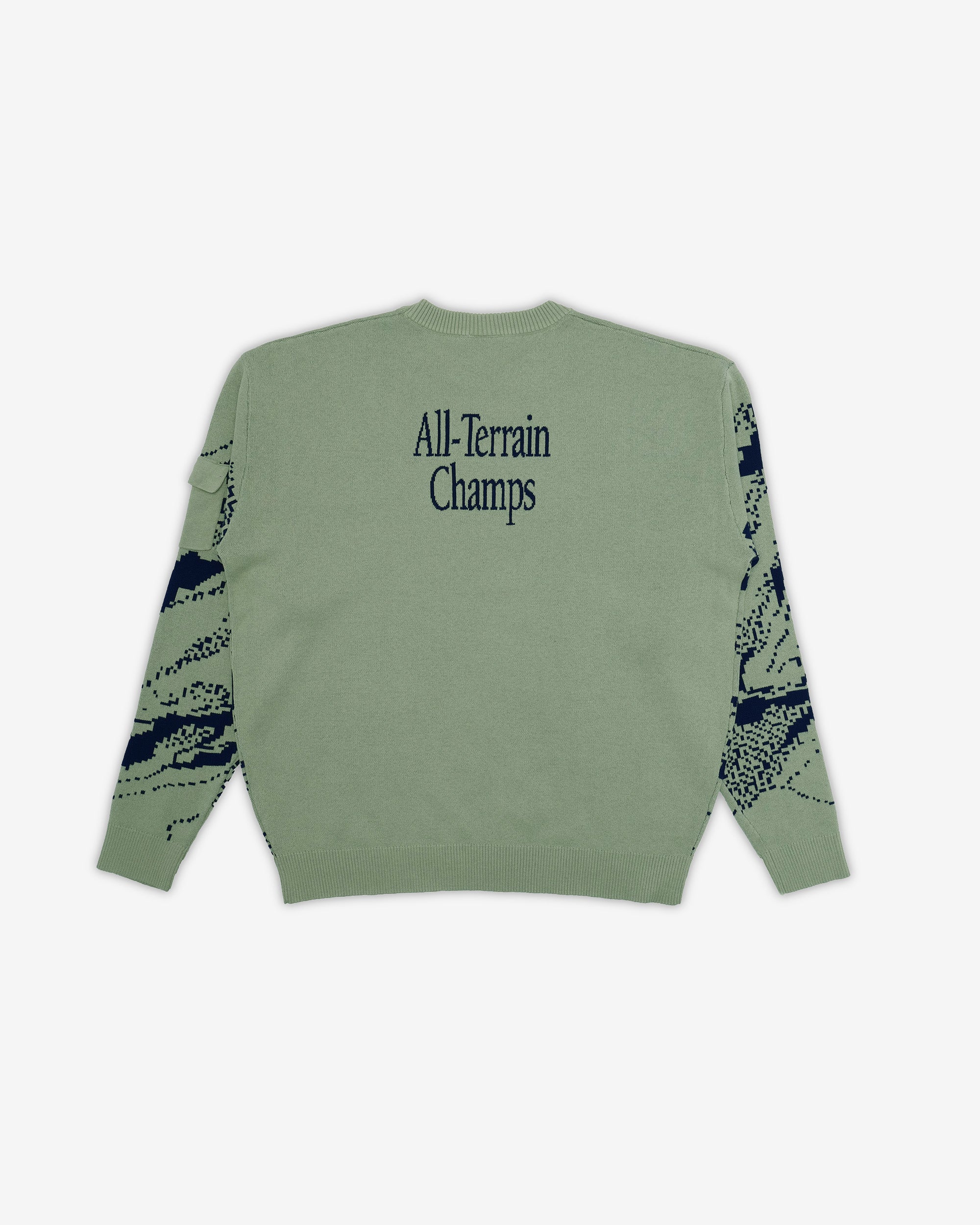 Green sweatshirt with 'All-Terrain Champs' text on a white background