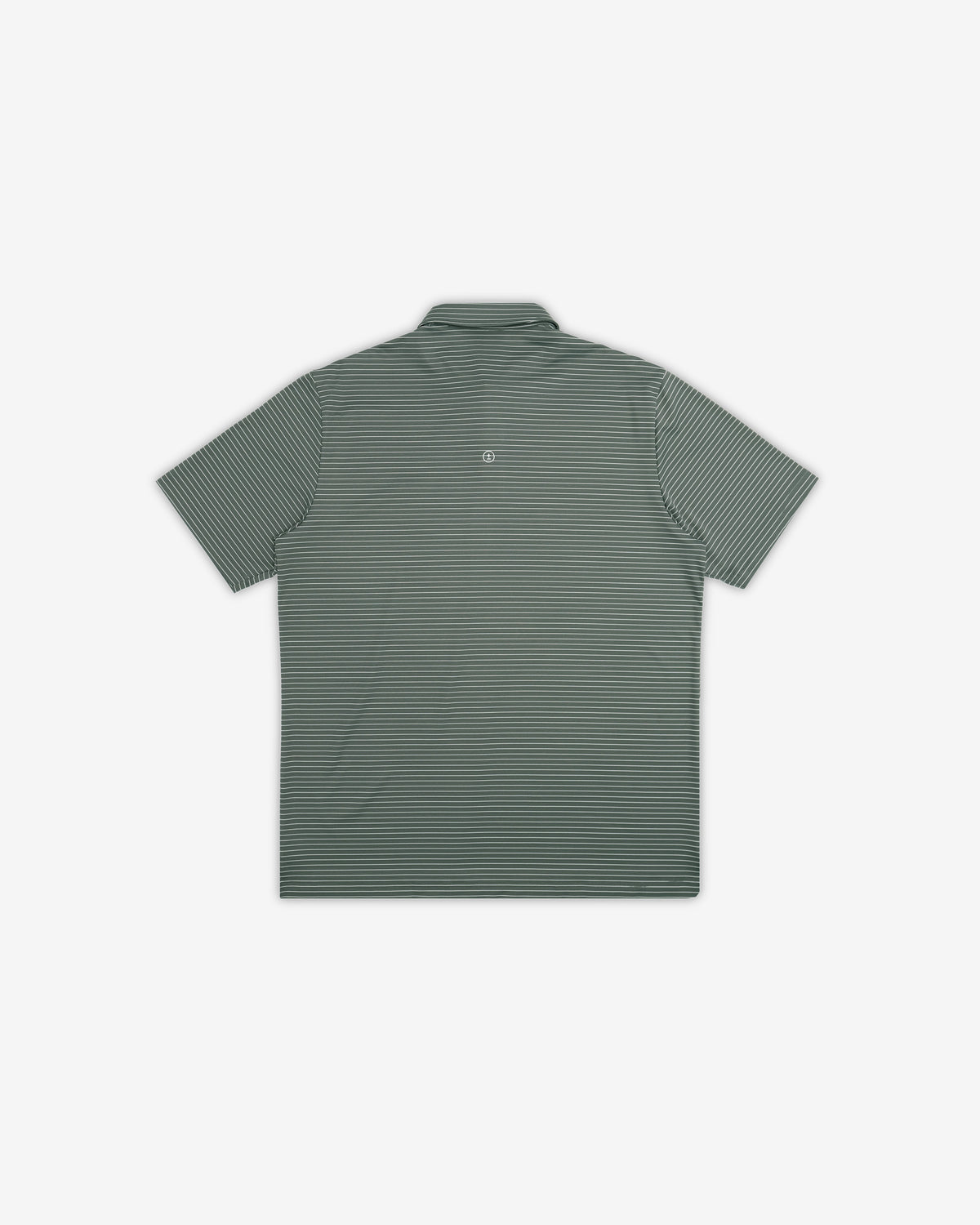 A short-sleeve polo shirt with fine horizontal stripes in dark green and black, shown from the back on a light gray background.