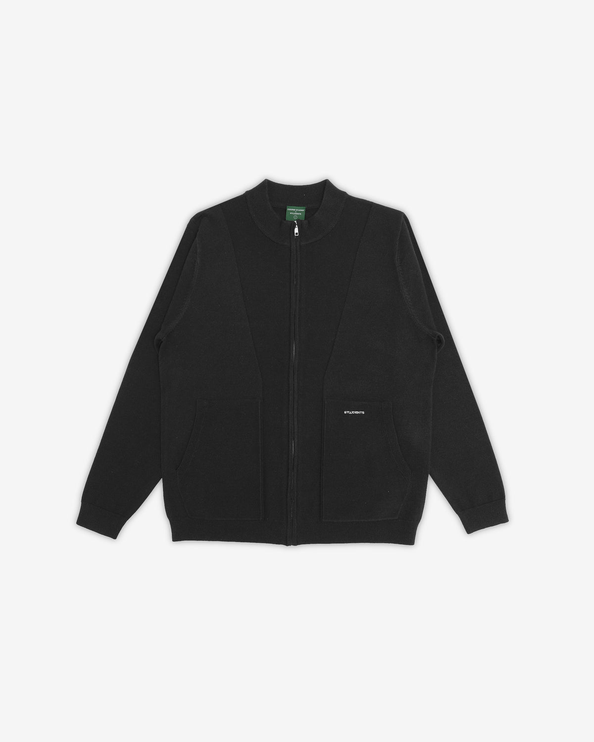 A black zip-up jacket with a stand collar, long sleeves, and front pockets, shown flat against a light gray background.