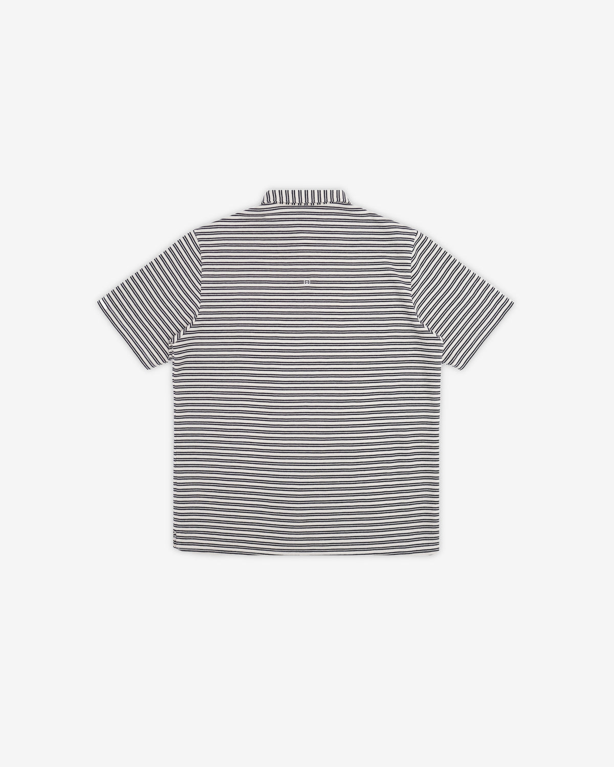 A short-sleeve polo shirt with thin horizontal black and white stripes, shown from the back against a plain white background.