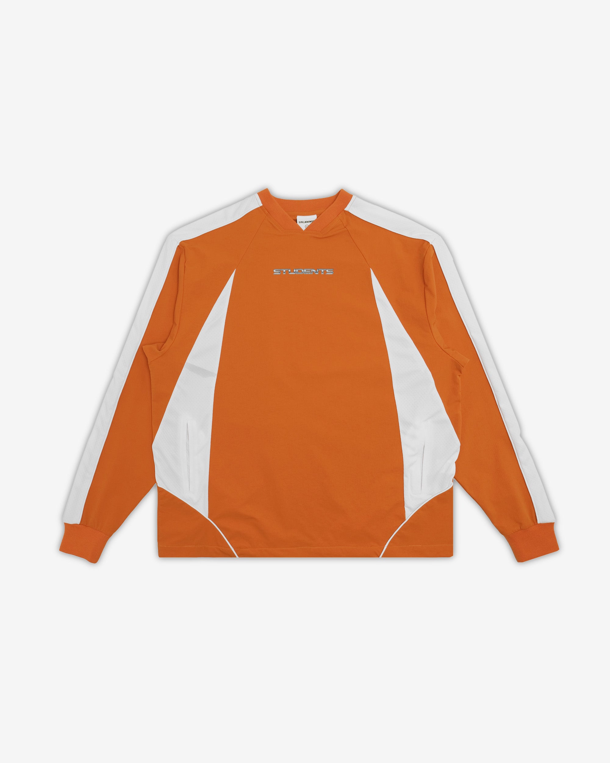 Orange and white long-sleeve shirt on a white background