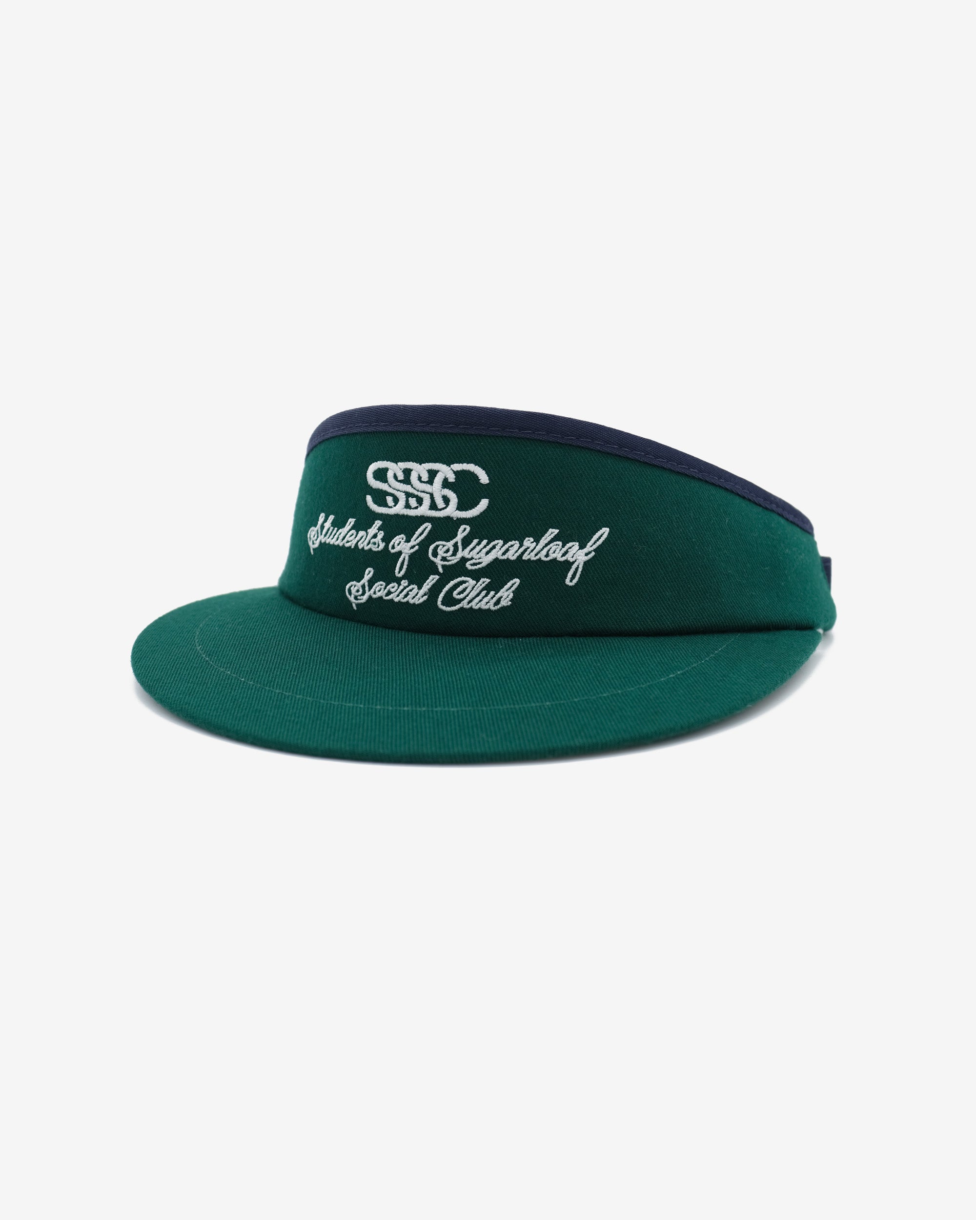 Green visor with embroidered text on a white background