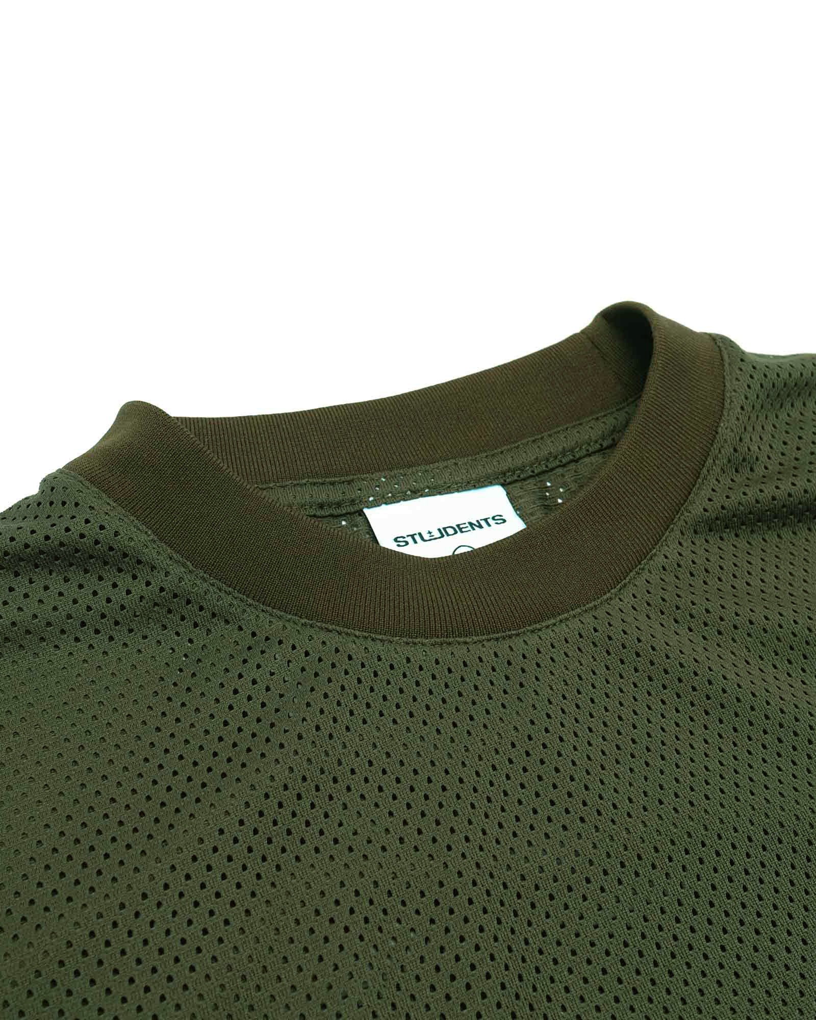 Green mesh shirt with brown collar and 'STUDENTS' label on a white background