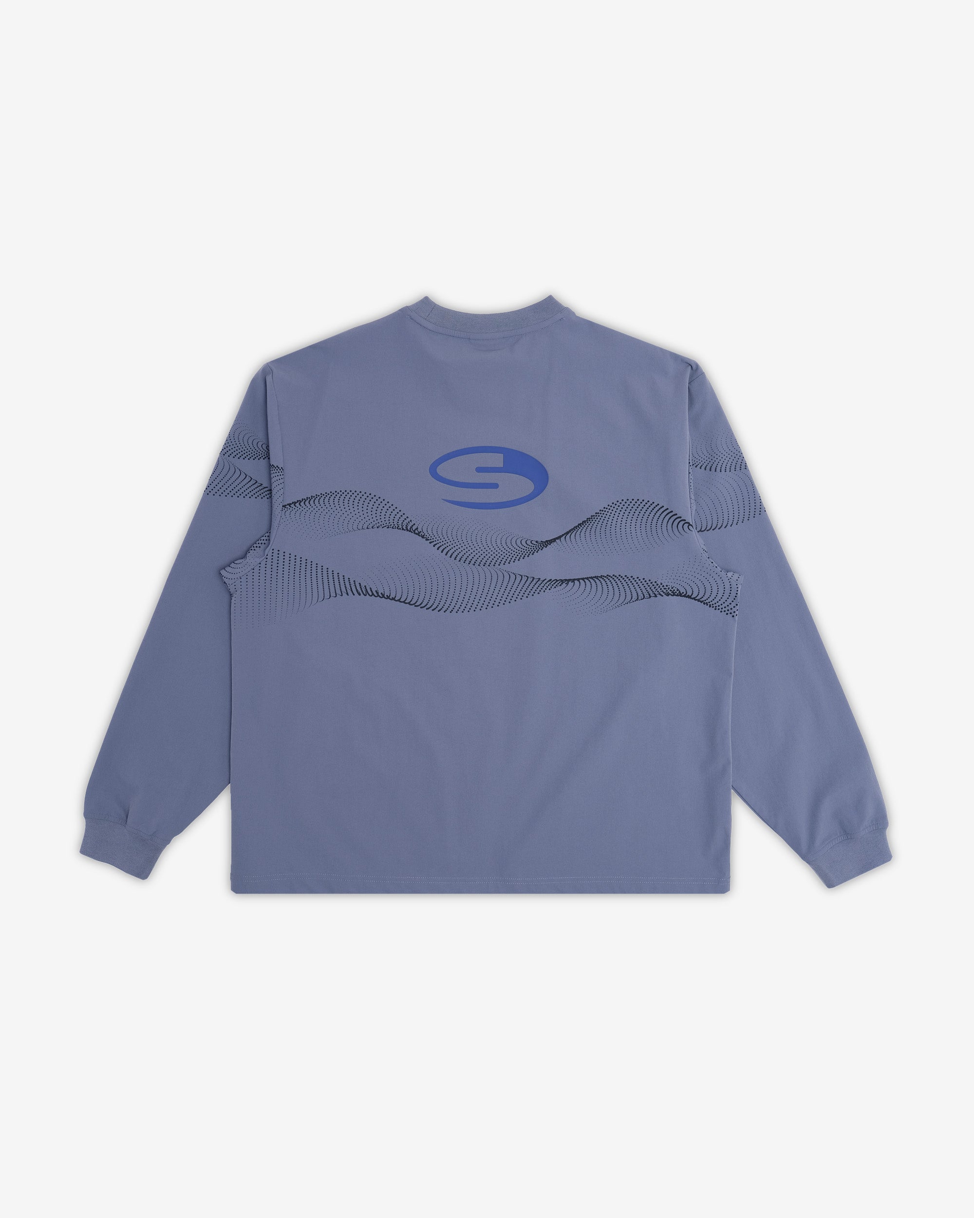 Blue jacket with a logo on the back against a white background