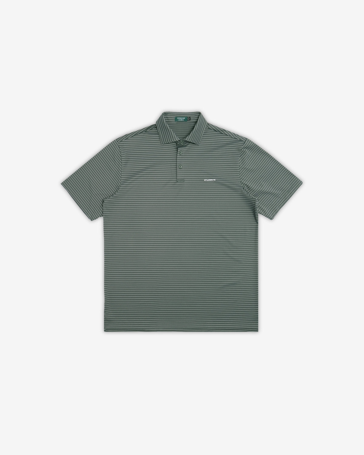 A short-sleeve polo shirt with fine horizontal stripes in dark green and gray, featuring a classic collar and a small white embroidered logo on the left chest, displayed against a light gray background.
