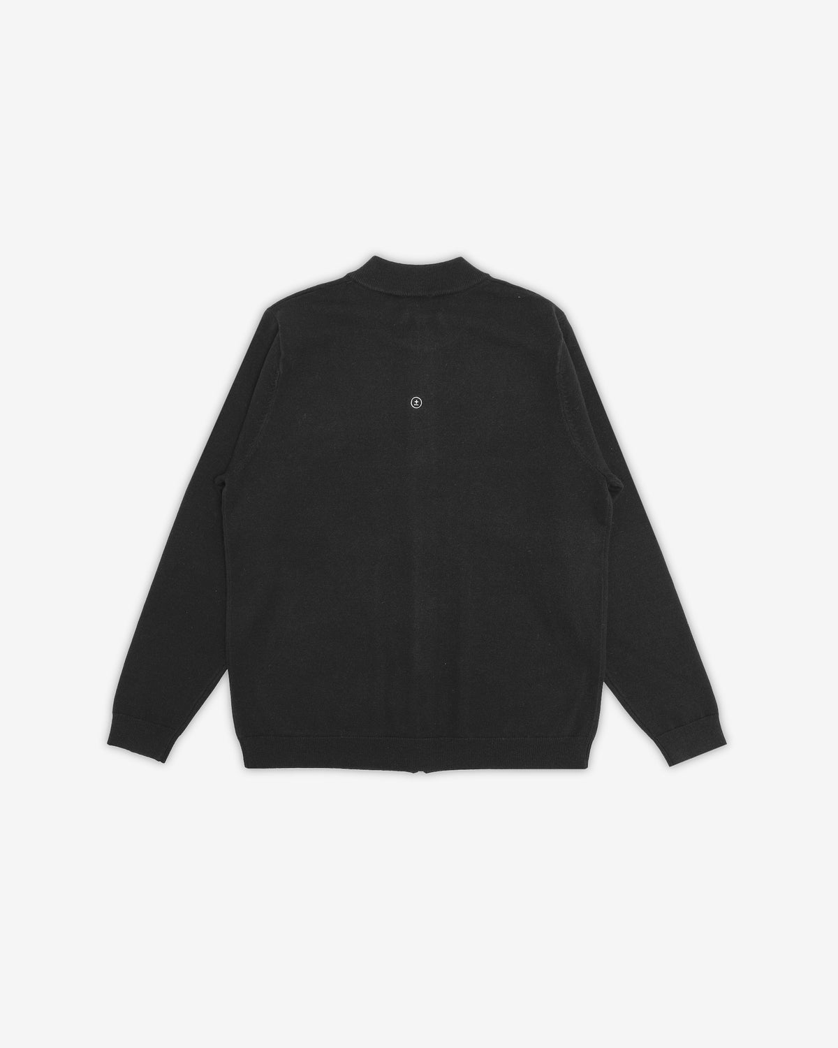 A black long-sleeve knit zip-up cardigan with a mock neck collar, shown from the back on a light gray background.