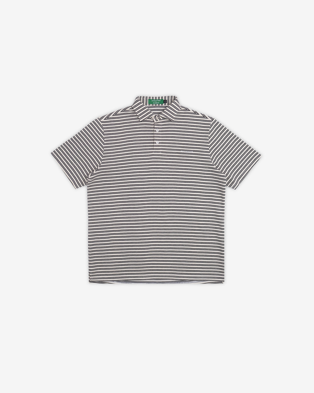 A short-sleeve polo shirt with thin horizontal gray and white stripes, featuring a three-button placket and a green neck label, displayed flat against a light gray background.
