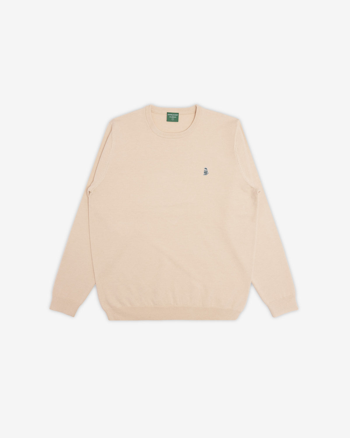 A light beige crewneck sweater with a small embroidered polo player logo on the left chest, displayed flat against a clean white background.
