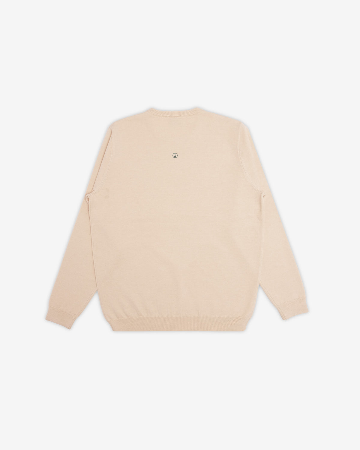 A light beige crewneck sweatshirt shown from the back, featuring a small circular logo centered above the upper back, set against a plain white background.