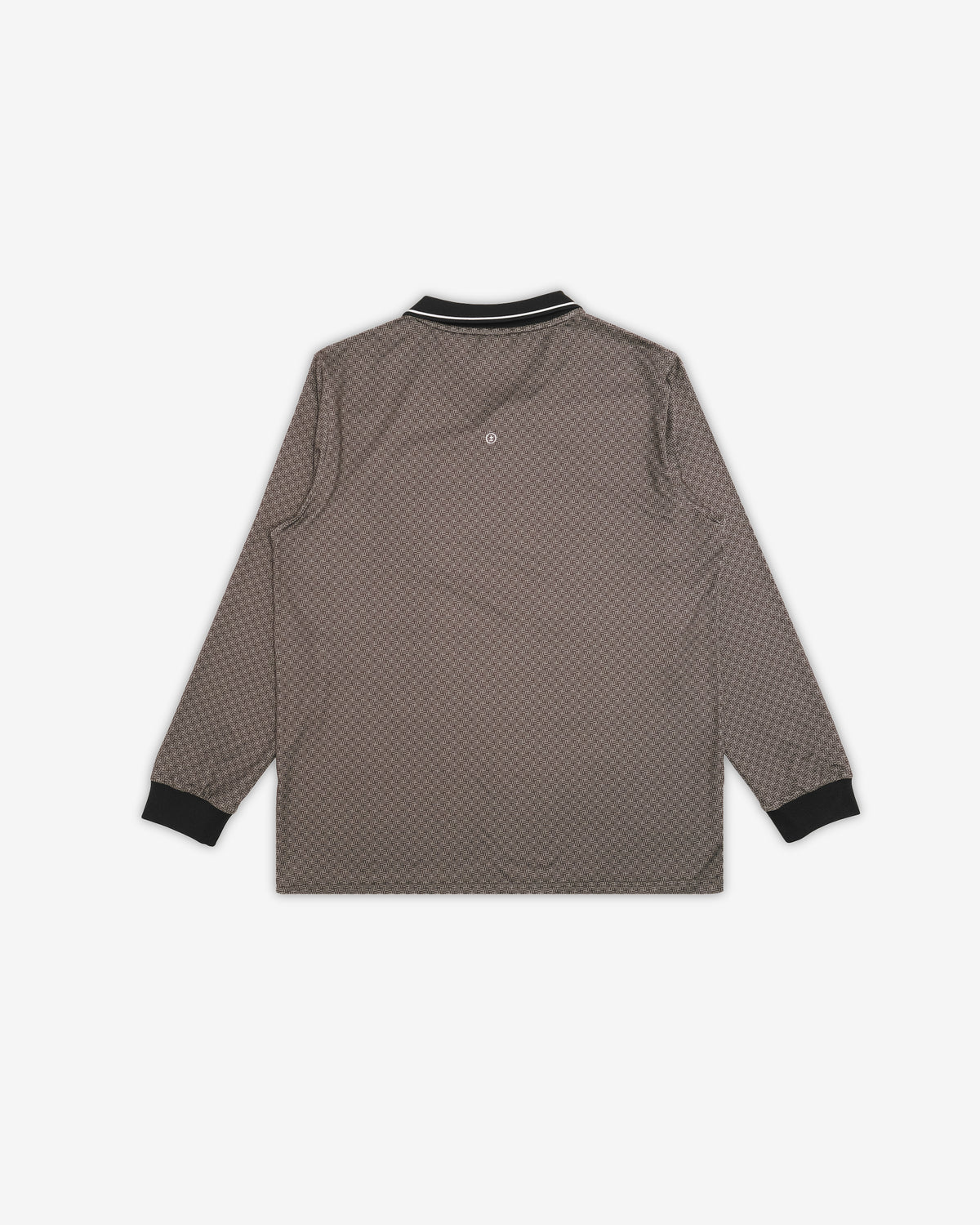 A long-sleeve polo shirt with a brown and beige micro-checkered pattern, featuring black ribbed cuffs and a black and white striped collar, shown from the back on a light gray background.