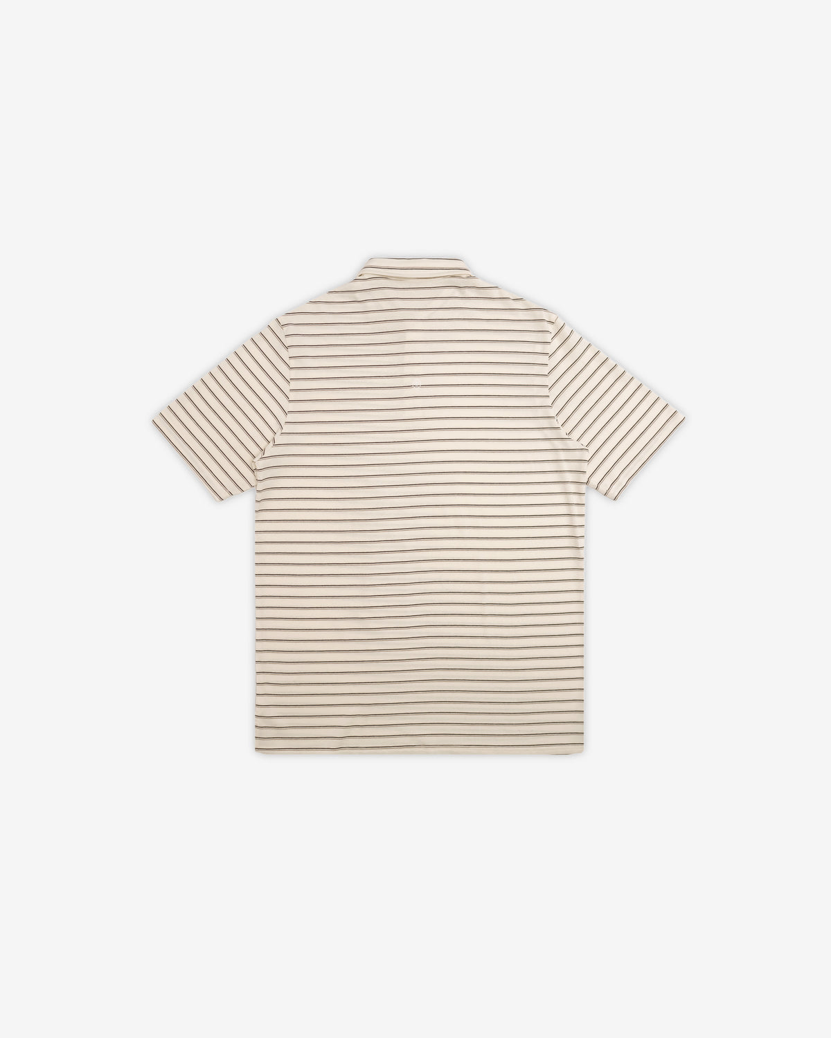 A short-sleeve polo shirt with thin horizontal beige and brown stripes, shown from the back on a light gray background.