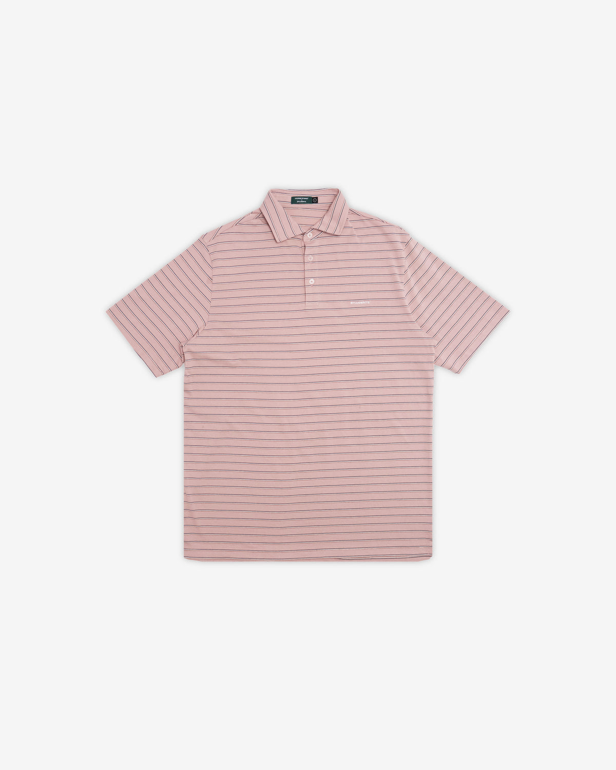 A short-sleeve polo shirt with thin horizontal pink and white stripes, featuring a classic collar and a small embroidered logo on the left chest, displayed flat against a light gray background.