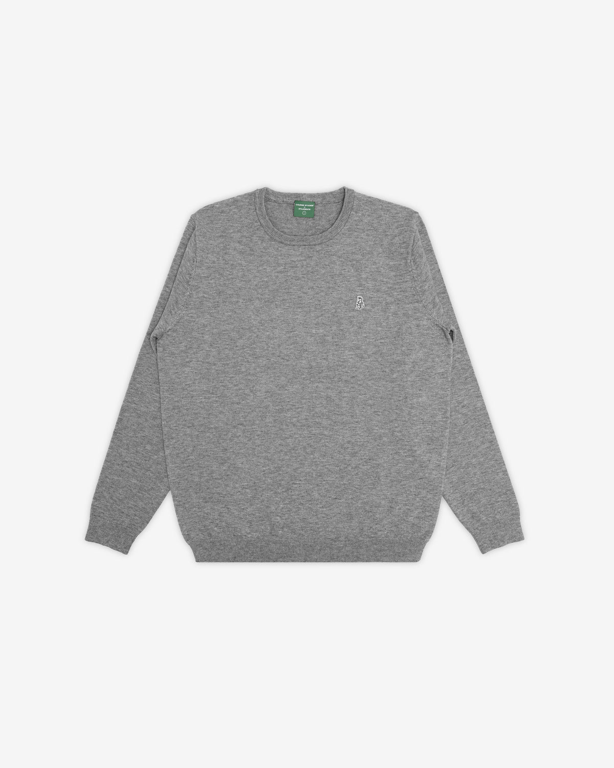 A heather gray crewneck sweatshirt with a small white embroidered logo on the left chest, displayed flat against a light gray background.