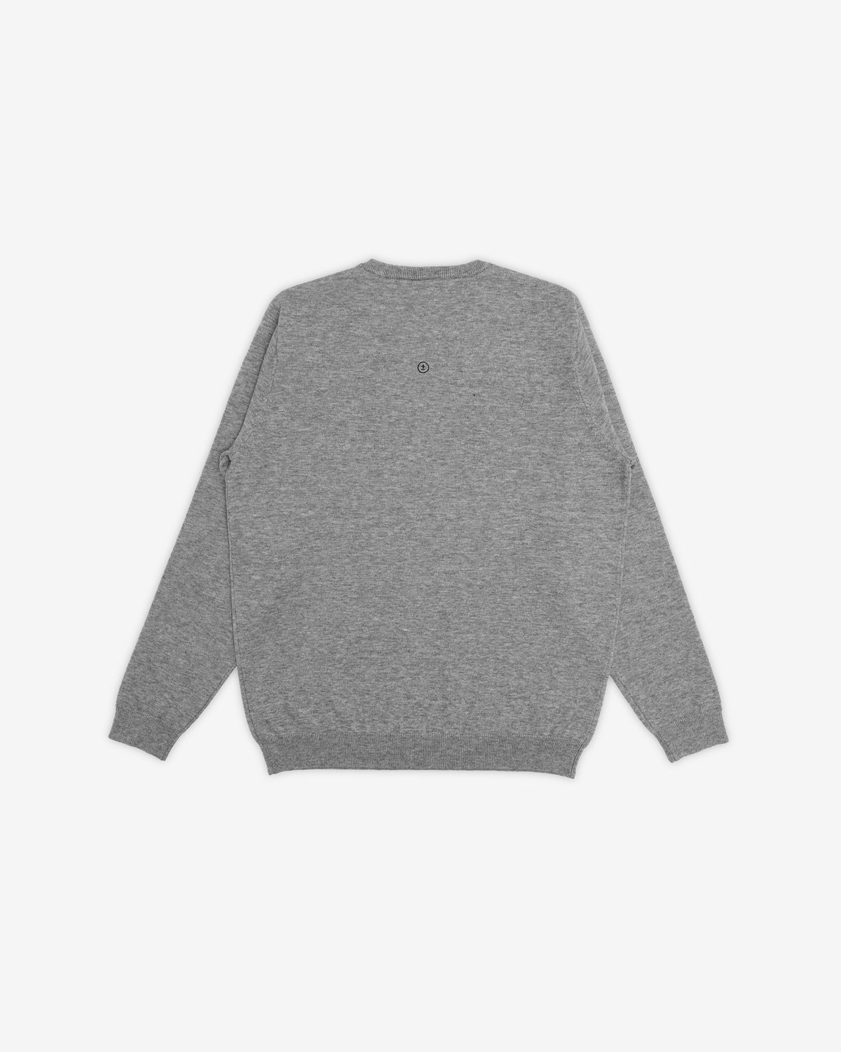 A heather gray crewneck sweatshirt shown from the back, featuring a small circular embroidered logo centered above the neckline, set against a plain light gray background.