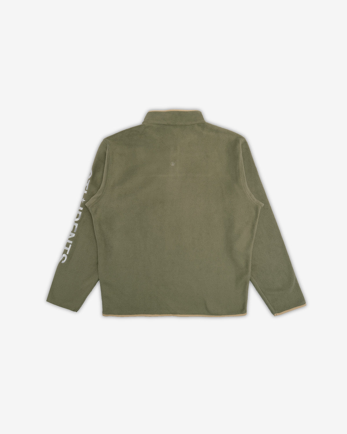 An olive green long-sleeve shirt jacket shown from the back, featuring a vertical white graphic print on the left sleeve, set against a plain light gray background.