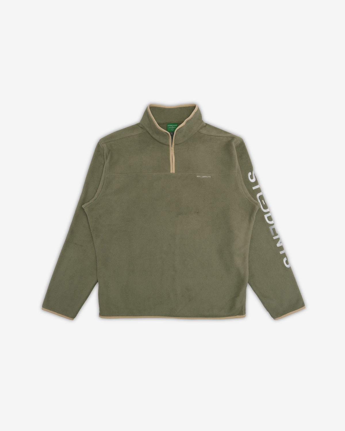 An olive green quarter-zip fleece pullover with beige contrast trim and white vertical text on the right sleeve, displayed flat against a light gray background.