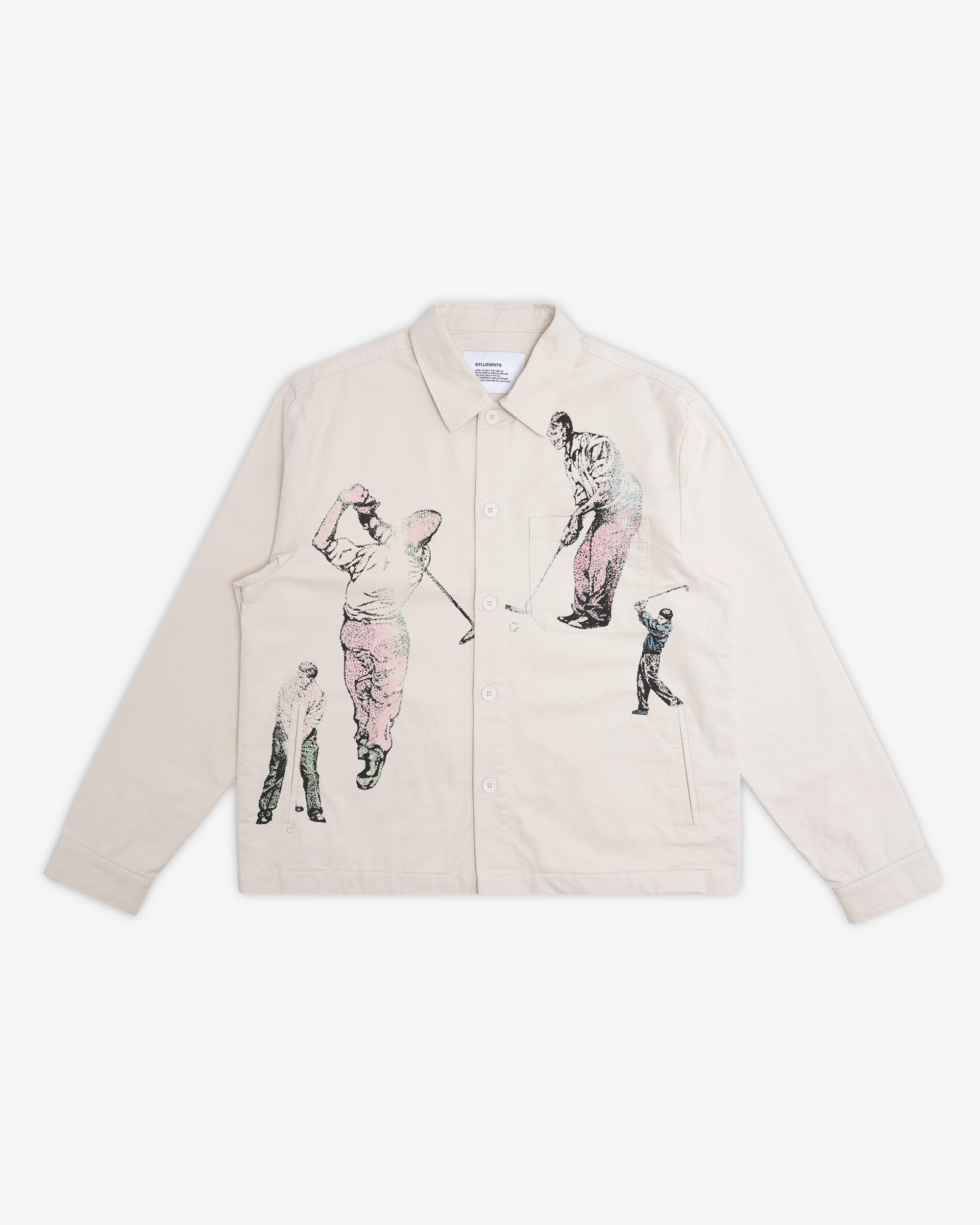 Beige jacket with golf-themed graphics on a white background