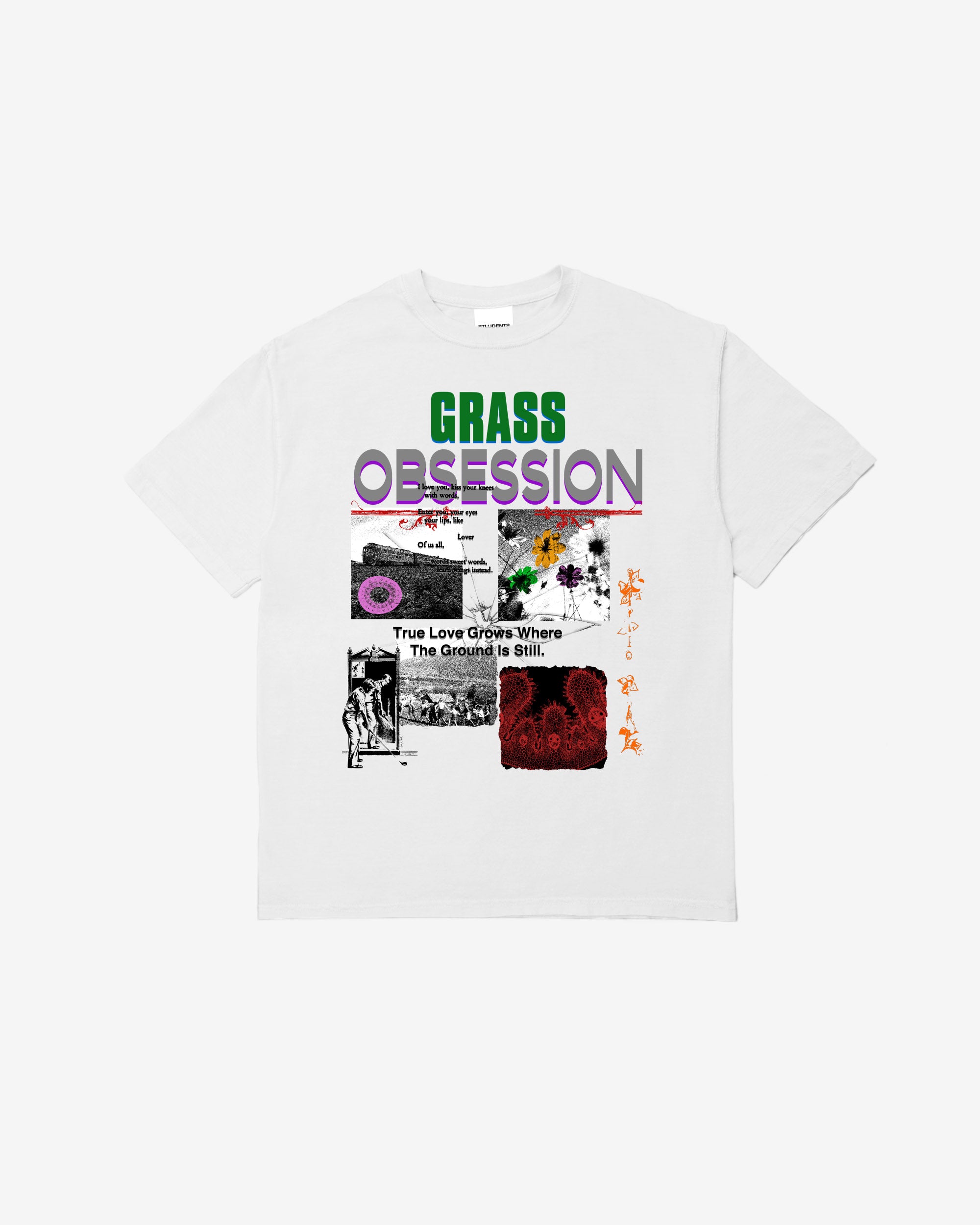 White t-shirt with graphic design and text on a white background