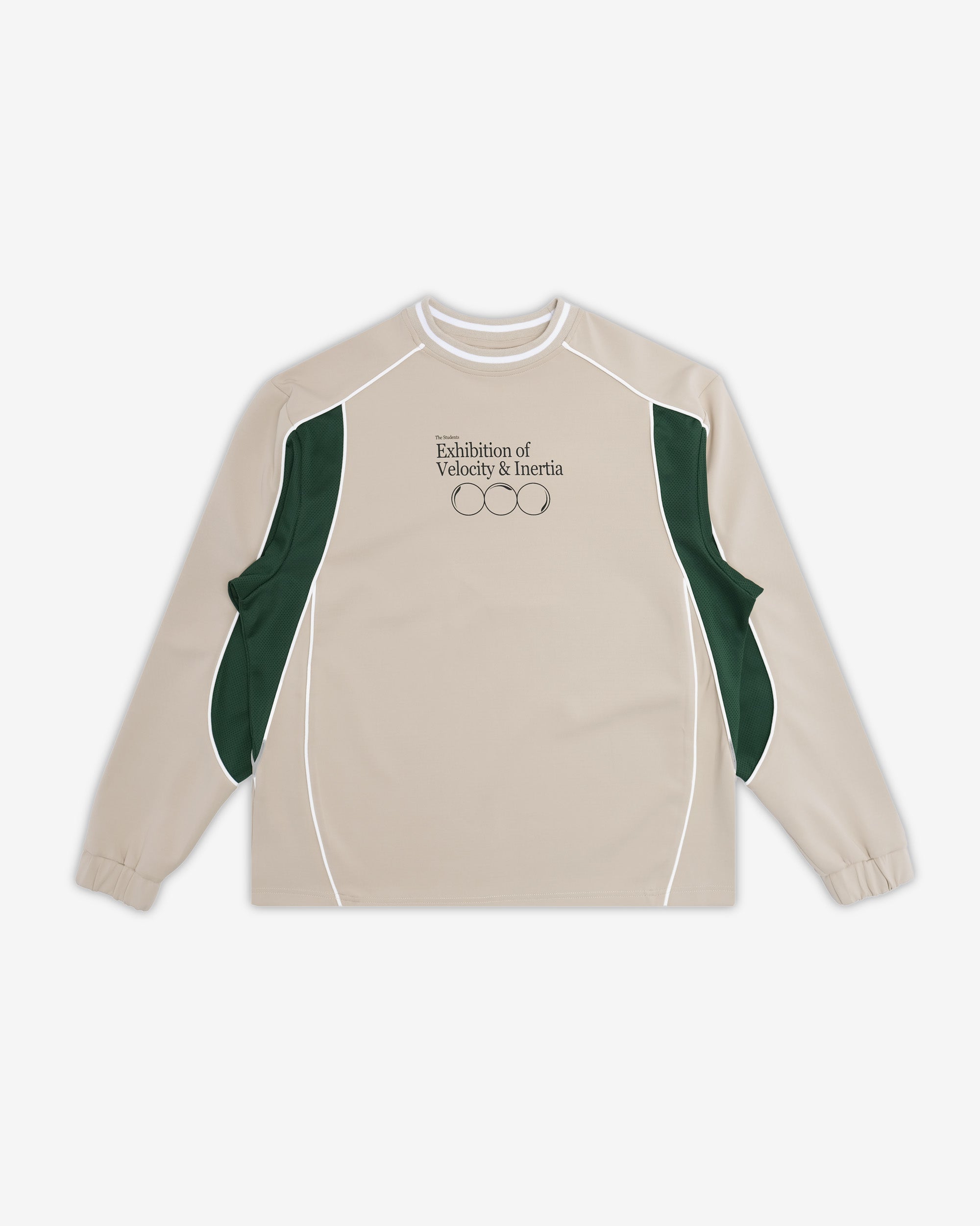 Beige long-sleeve shirt with green accents on a white background