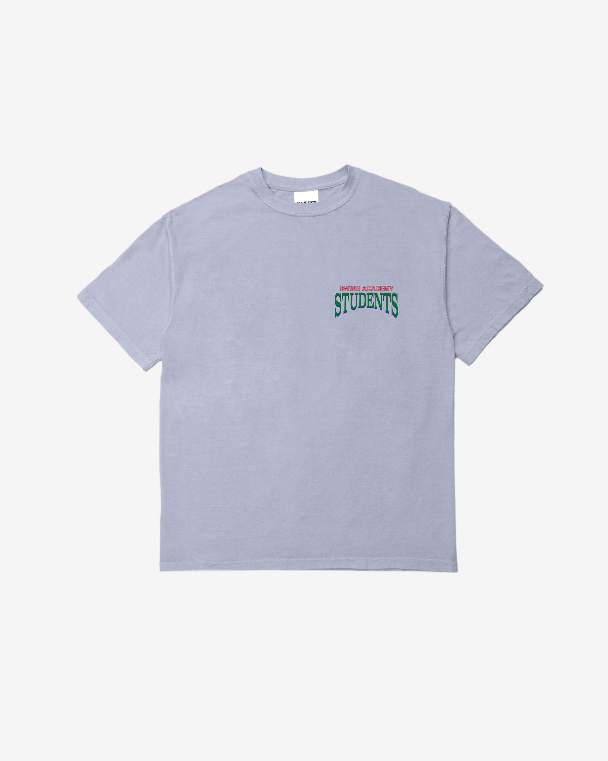 Light purple t-shirt with text on a white background