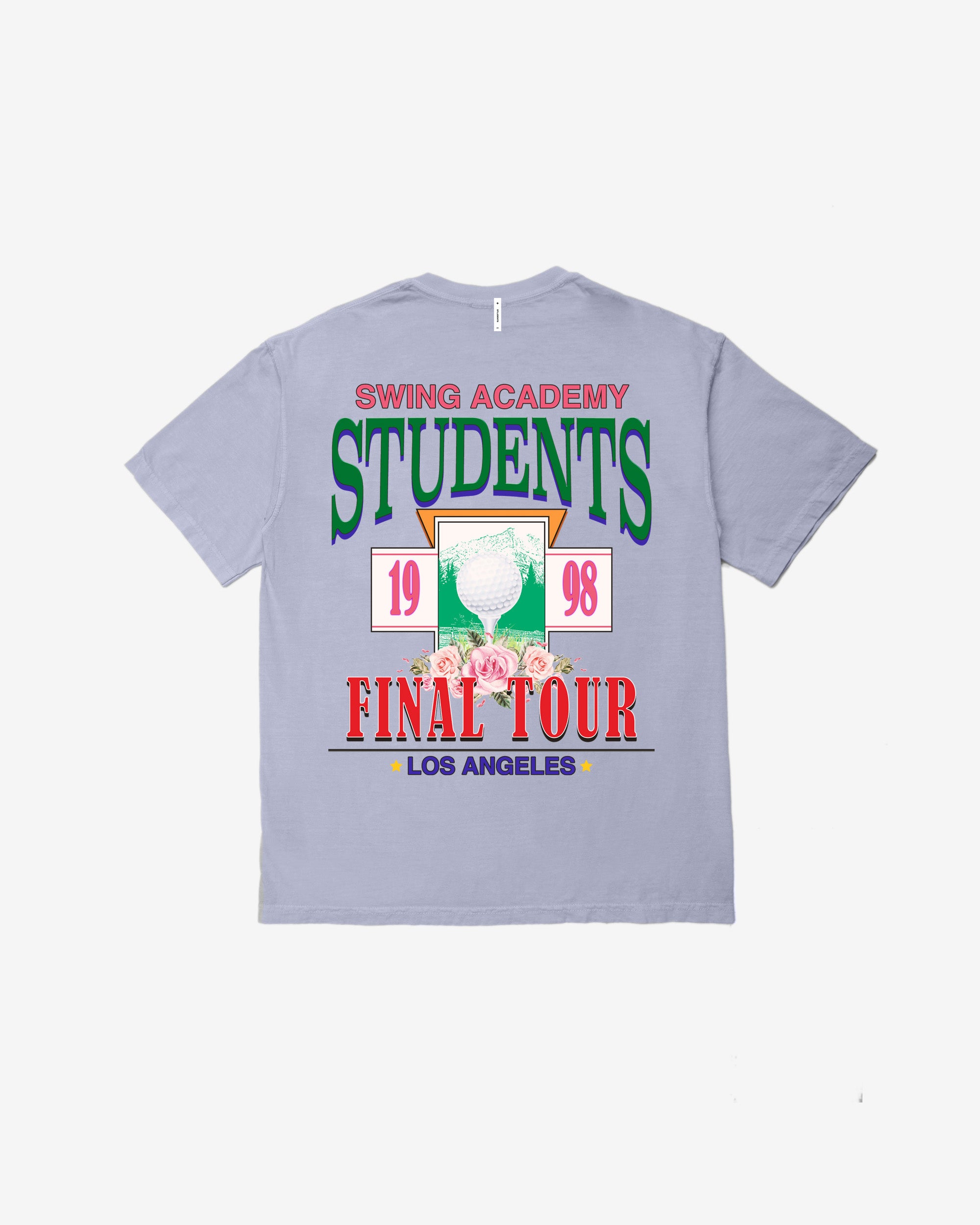 Light purple t-shirt with colorful text and graphics on the back on a white background