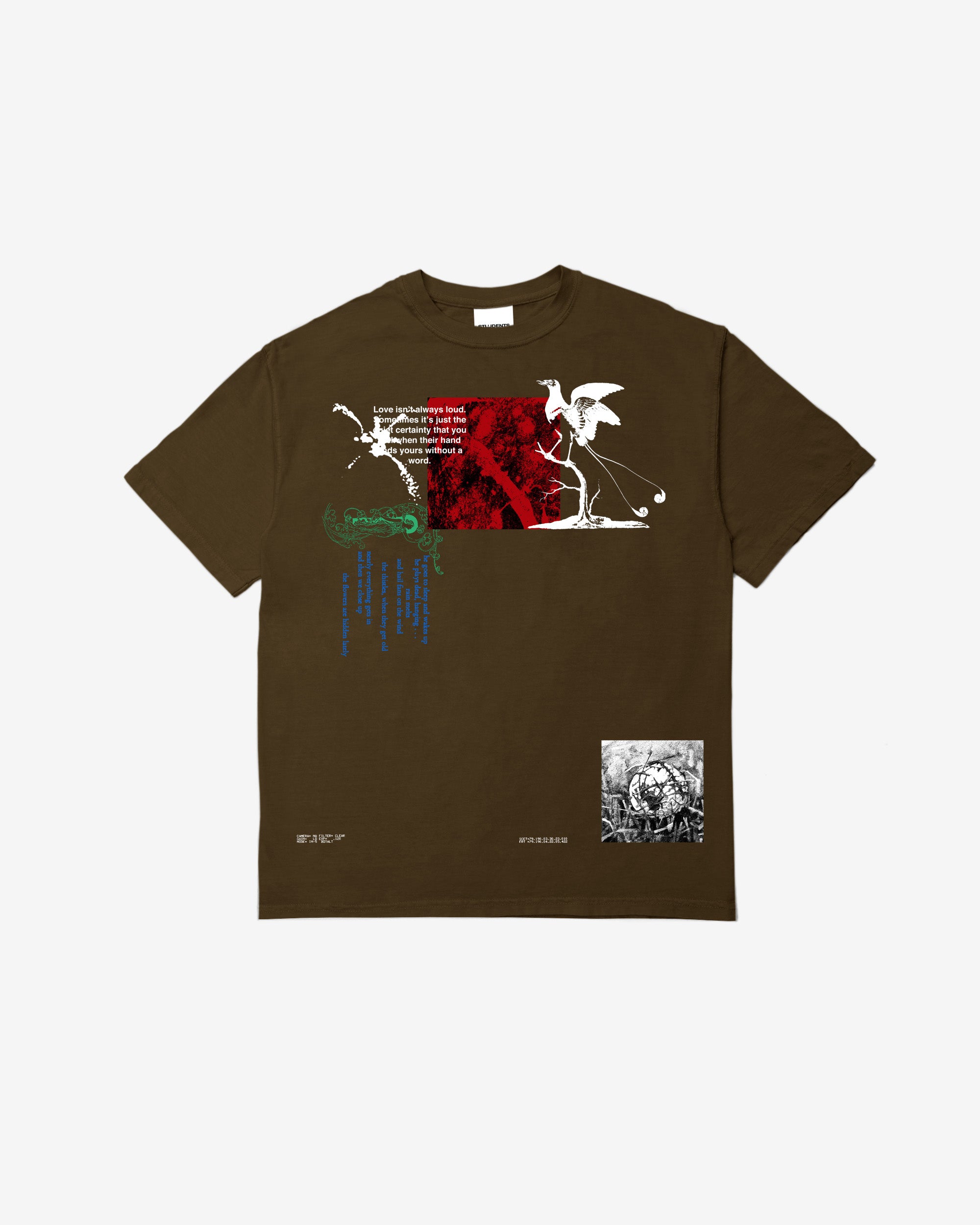 Brown t-shirt with graphic designs on a white background